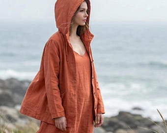 Anysize Custom 100% Linen Buttoned Jacket With Hood Long Sleeves Plus Size Tops Patch Pockets Spring Summer Fall Plus Size Clothing F85TL