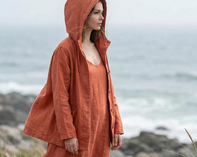 Anysize Custom 100% Linen Buttoned Jacket With Hood Long Sleeves Plus Size Tops Patch Pockets Spring Summer Fall Plus Size Clothing F85TL