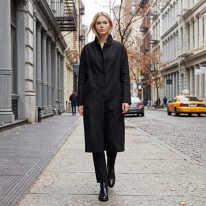 Blazer long en lin et coton sur mesure, col montant, style minimaliste, élégant, idéal pour le printemps et l'automne, tenue décontractée chic ou formelle, F78FN