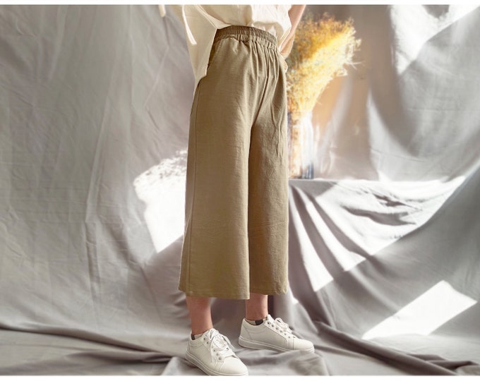 Anysize elastic waist linen cotton cropped trousers casual loose plus size trousers super wide leg cropped trousers custom plus size P16Q