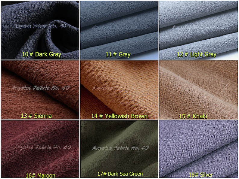 May include: A close-up of 18 fabric swatches in various colors, including dark gray, light gray, sienna, yellowish brown, khaki, maroon, dark sea green, and silver. The swatches are arranged in a grid of three rows and six columns. Each swatch has a number and color name printed below it. The text "Anysize Fabric No. 40" appears on several of the swatches.