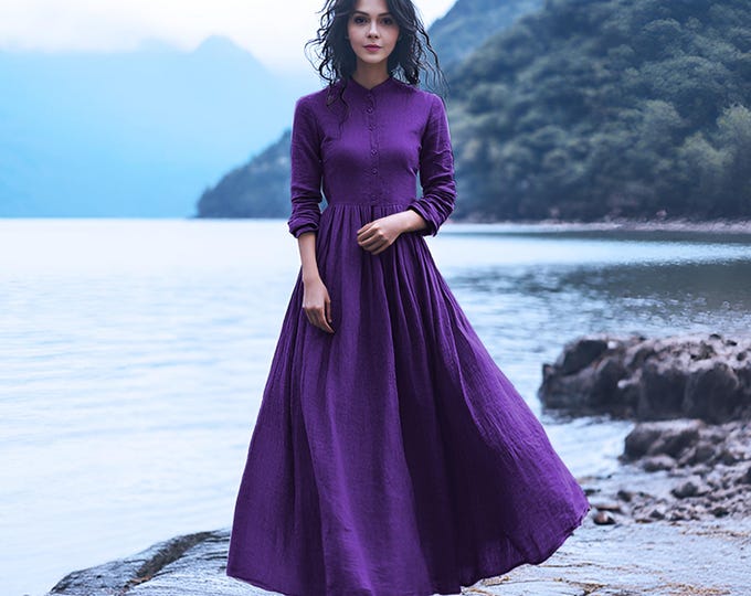 Anysize custom collared dress 100% linen maxi back belted dress with pockets spring summer fall plus size dress plus size clothing F36AL