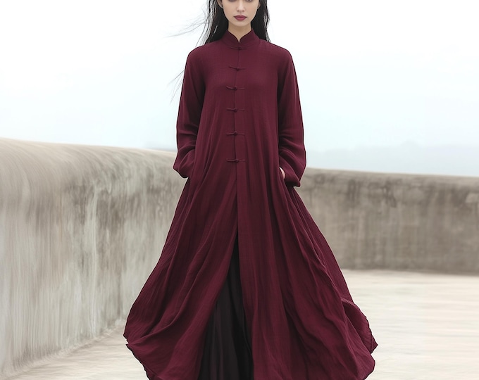 Anysize custom handmade buttons long sleeves soft linen cotton coat with pockets spring fall plus size cardigan plus size clothing F881E