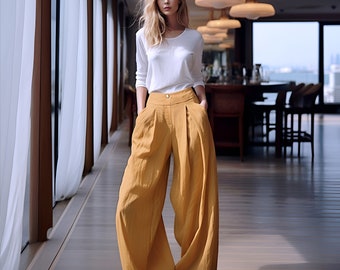 Anysize custom linen cotton wide leg pants with elastic waist spring fall winter long trousers plus size pants plus size clothing F381N