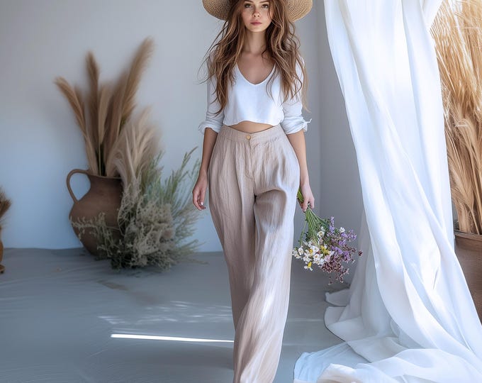 Anysize custom linen cotton spring fall high waisted pants side pockets woman long trousers plus size pants plus size clothing F680E