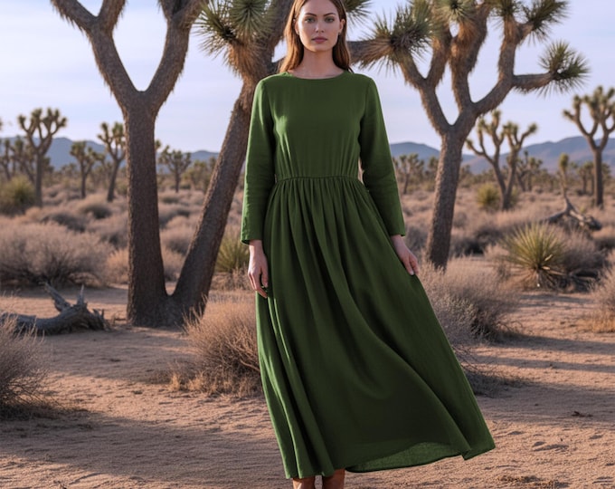 Anysize Custom Soft Linen Cotton Waist Gathered Dress Long Sleeves Plus Size Dress With Side Pockets Spring Fall Plus Size Clothing F7TE