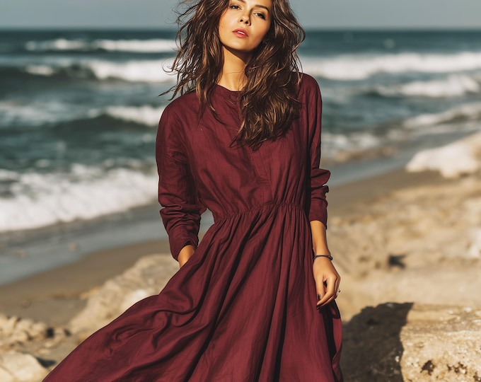 Anysize custom linen cotton long sleeves loose dress with side pockets spring fall retro plus size dress plus size clothing F77PN