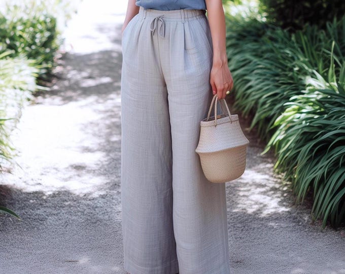 Anysize custom 100% linen wide leg pants elastic waist with pockets casual loose spring summer plus size pants plus size clothing F46RL