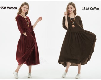 Anysize 100% linen A-line maxi dress with side pockets v neck loose dress spring summer plus size dress plus size clothing F411L