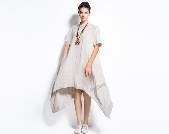 Anysize spring summer irregular hem soft linen cotton dress short sleeves plus size dress plus size tops plus size clothing Y354