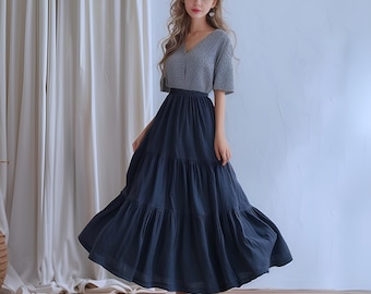 Anysize custom linen cotton skirt with elastic waist plus size skirt with side pockets spring fall retro plus size clothing F561N