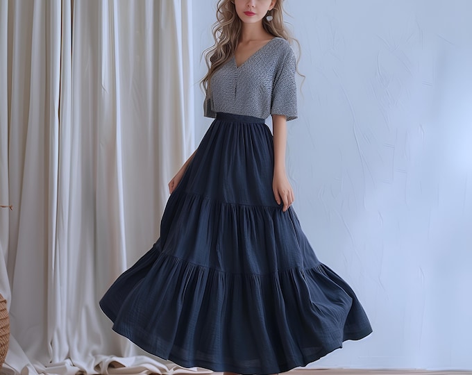 Anysize custom linen cotton skirt with elastic waist plus size skirt with side pockets spring fall retro plus size clothing F561N