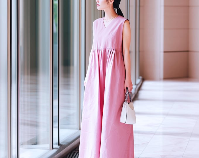 Anysize custom 100% linen V-neck sleeveless pleated maxi dress with side pockets spring summer plus size dress plus size clothing F52DL