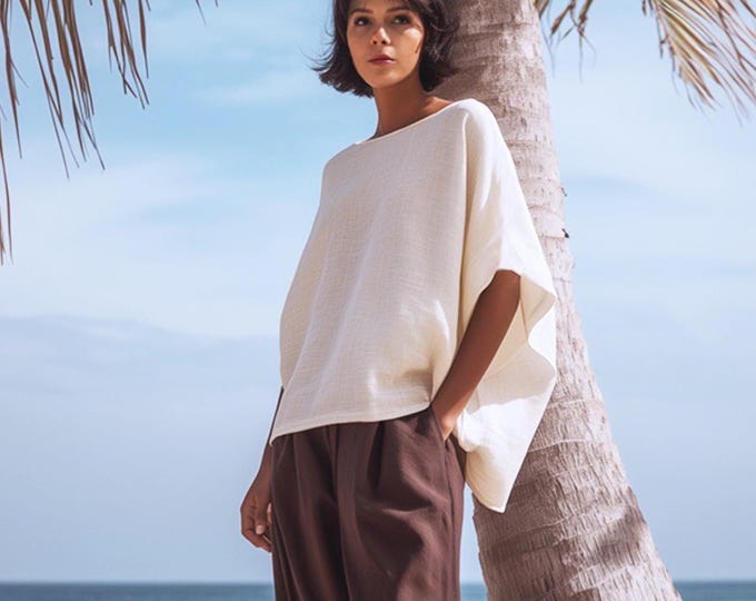 Anysize custom one size 100% linen blouses bat sleeves casual loose summer tops linen shirt plus size tops plus size clothing F64YL