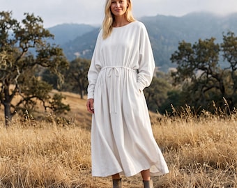Anysize Custom Linen Cotton Dress with Side Pockets Drawstrings Maxi Dress Bat Sleeves Casual Spring Fall Plus Size Dress with Pockets F69HN