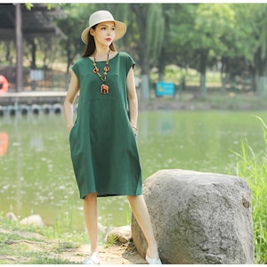 Anysize with side pockets linen cotton spring summer A-line midi dress for ladies with cap sleeves plus size clothing T111Q
