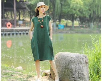 Anysize with side pockets linen cotton spring summer A-line midi dress for ladies with cap sleeves plus size clothing T111Q