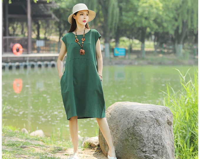 Anysize with side pockets linen cotton spring summer A-line midi dress for ladies with cap sleeves plus size clothing T111Q