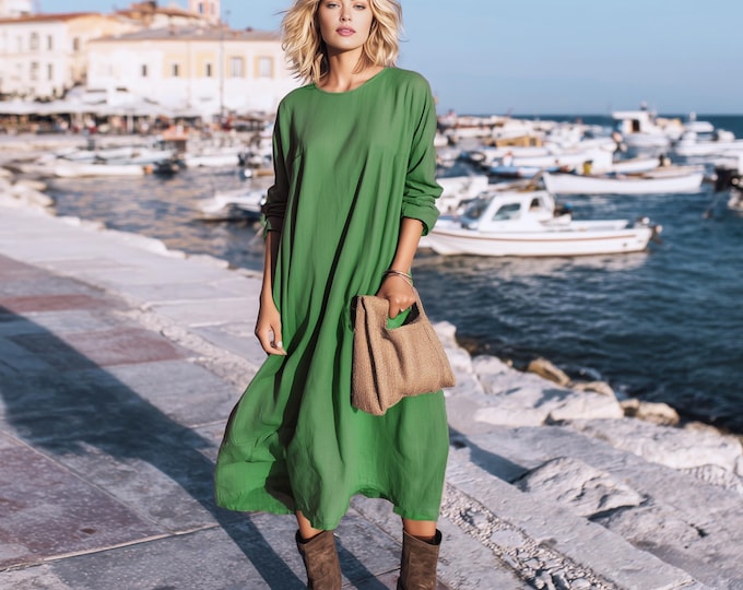 Anysize custom round neck long sleeves linen cotton plus size dress with side pockets spring fall retro plus size clothing F97PE