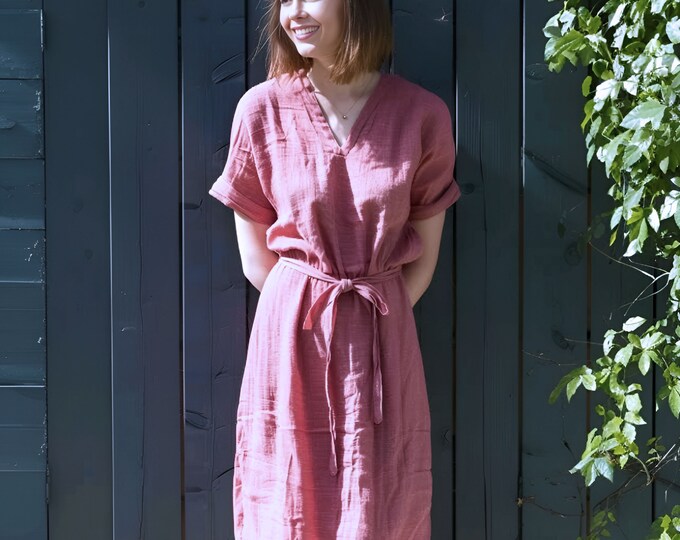 Anysize custom V-neck 100% linen midi dress with side pockets belted dress spring summer plus size dress plus size clothing F483L