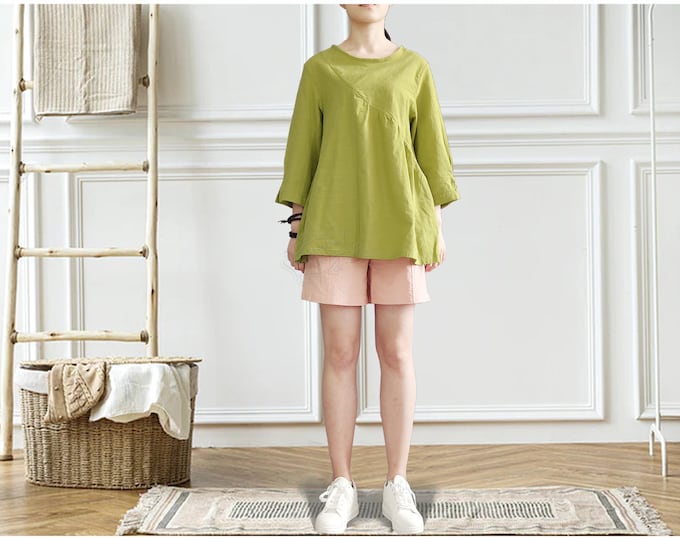 Anysize casual soft loose linen cotton tops 3/4 sleeves spring summer clothing plus size clothing T41Q