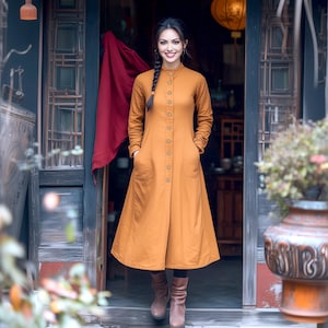 Anysize custom linen cotton coat long sleeves with pockets stand collar jacket spring fall plus size coat plus size clothing F857N