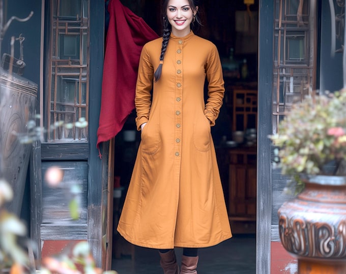 Anysize custom linen cotton coat long sleeves with pockets stand collar jacket spring fall plus size coat plus size clothing F857N