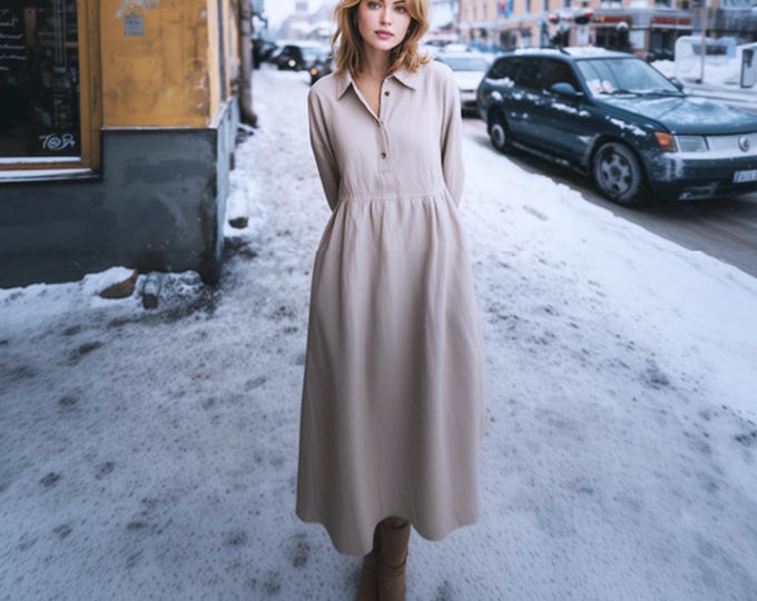 Anysize Linen Cotton Long Sleeve Dress with Pockets - Retro Spring Fall Clothing F57PN