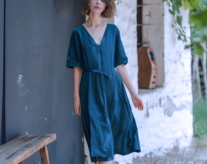 Anysize custom 100% linen half sleeves loose midi dress with side pockets spring summer plus size dress plus size clothing F487L