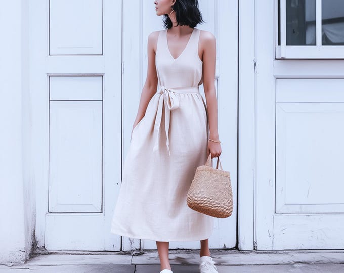 Anysize custom V-neck 100% linen sleeveless loose maxi dress with side pockets spring summer plus size dress plus size clothing F65CL