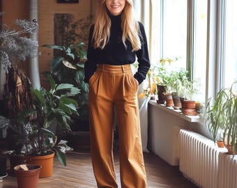 Anysize custom linen cotton spring fall pants with back elastic waist long trousers plus size pants plus size clothing F707N