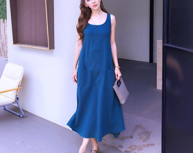 Anysize custom 100% linen sleeveless jumper dress  summer loose dress for with front pockets plus size dress plus size clothing F77RL