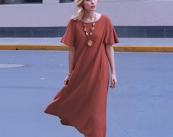 Anysize custom 100% linen Lotus sleeves flowing maxi dress with side pockets spring summer plus size dress plus size clothing F40RL