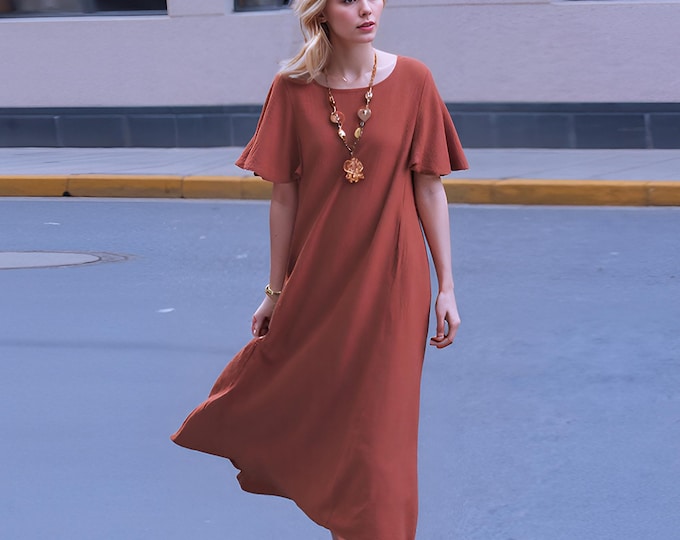 Anysize custom 100% linen Lotus sleeves flowing maxi dress with side pockets spring summer plus size dress plus size clothing F40RL