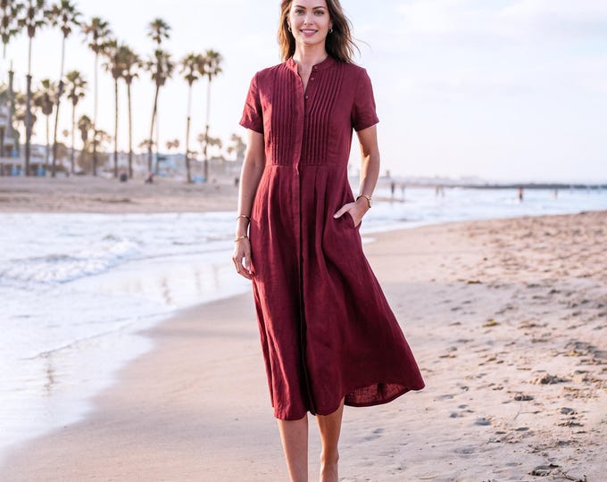 Anysize Custom 100% Linen Collared Dress Buttoned Pleated Front Short Sleeve Summer Shirt Dress with Pockets Back Slit Plus Size F49VL