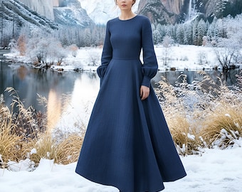 Anysize Custom Retro Linen Cotton Maxi Dress Back tied With Side Pockets Spring Fall Winter Plus Size Dress Plus Size Clothing F54SN