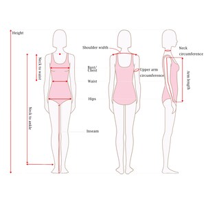 May include: Diagram illustrating body measurements for clothing. The image shows three figures: front, back, and side views. Measurement labels include height, neck to waist, neck to ankle, shoulder width, bust/chest, waist, hips, inseam, neck circumference, upper arm circumference, and arm length.