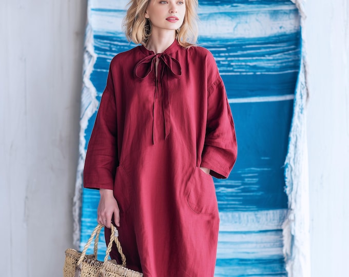 Anysize long tops spring fall linen cotton dress with pockets long wide sleeves plus size blouse plus size tops plus size clothing F89YN