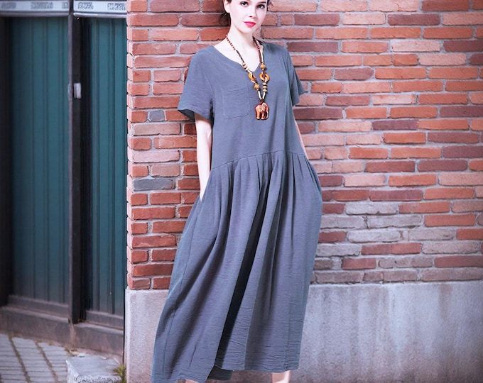 Anysize soft linen cotton pleated dress V neck with side pockets spring summer loose dress plus size dress plus size clothing F145Q