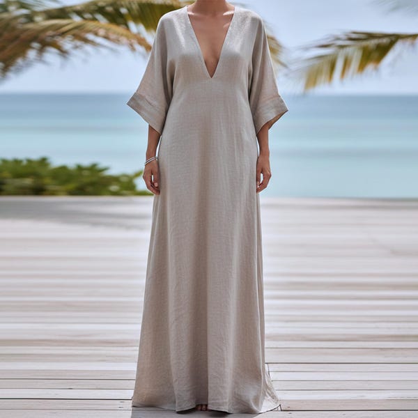 Anysize Custom 100% Linen Maxi Dress with 3/4 Sleeves Deep V Neck Relaxed Resort Caftan Dress Minimal Summer Vacation Plus Size Dress F34UL