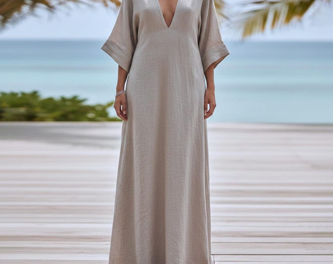 Anysize Custom 100% Linen Maxi Dress with 3/4 Sleeves Deep V Neck Relaxed Resort Caftan Dress Minimal Summer Vacation Plus Size Dress F34UL