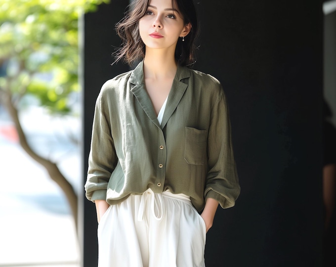 Anysize custom soft linen cotton long sleeves collared blouse tops retro spring fall casual shirt plus size tops plus size clothing F647E