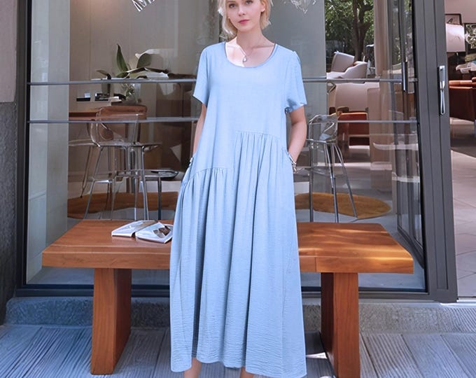 Anysize soft linen cotton maxi dress with side pockets spring summer pleated loose dress plus size dress plus size clothing F149Q