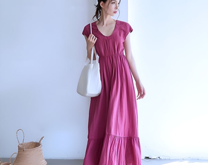 Anysize custom 100% linen cap sleeves summer maxi dress with pleated hem side pockets plus size dress plus size clothing F466L