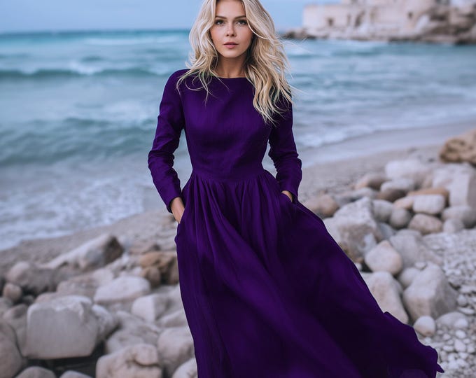 Anysize custom soft linen cotton back tied plus size dress with side pockets spring fall plus size clothing F36PE