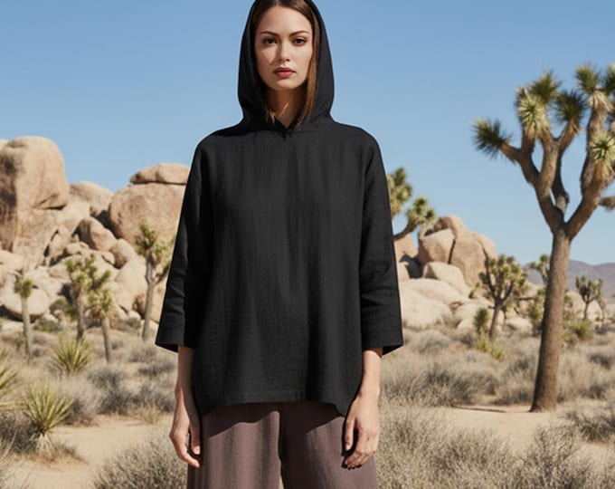 Anysize Custom Hooded Linen Cotton Tops Casual Loose Plus Size Tops With 3/4 Sleeves Plus Size Clothing Spring Fall Tops F53TN