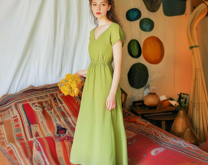 Anysize custom 100% linen maxi dress with side pockets short sleeves waist elastic plus size dress plus size clothing F51CL