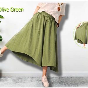 Anysize swing culotte skirt casual loose cotton and linen trousers with side pockets wide legs plus size pants plus size clothing P304Q