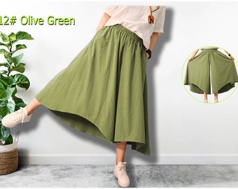 Anysize swing culotte skirt casual loose cotton and linen trousers with side pockets wide legs plus size pants plus size clothing P304Q