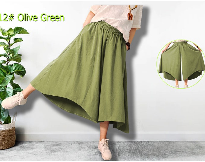Anysize swing culotte skirt casual loose cotton and linen trousers with side pockets wide legs plus size pants plus size clothing P304Q